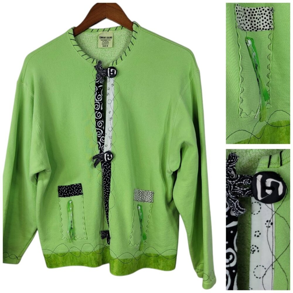 Vtg Comfort Colors Sweatshirt Jacket Cardigan Medium Art To Wear Bright Green